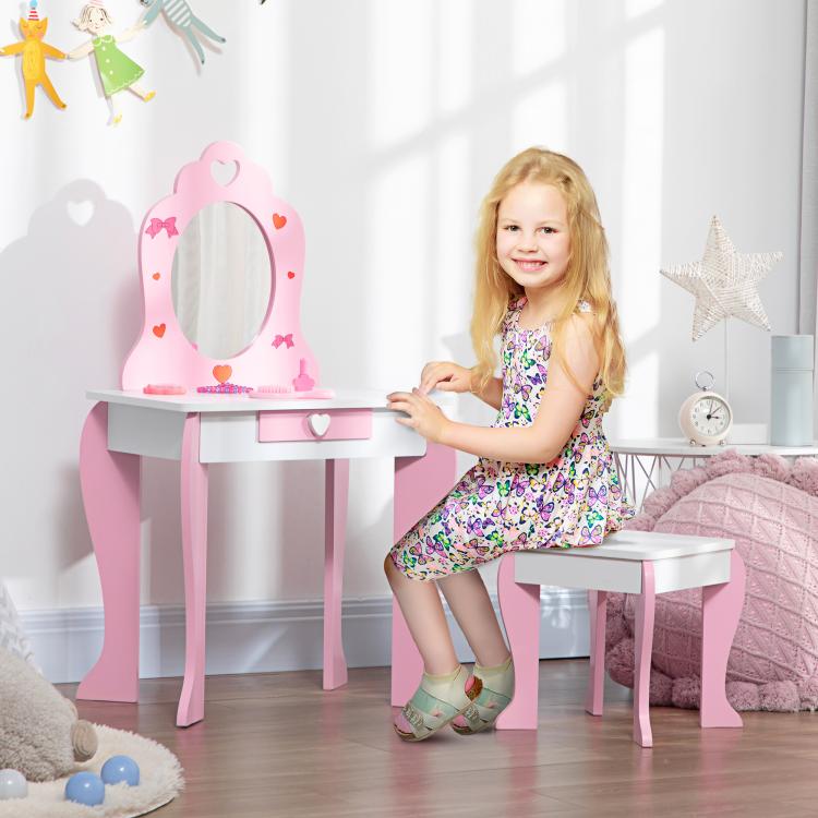 Kids Dressing table Set w/ Mirror, Stool, Drawer, Cute Patterns, for Ages 3-6 Years - Pink