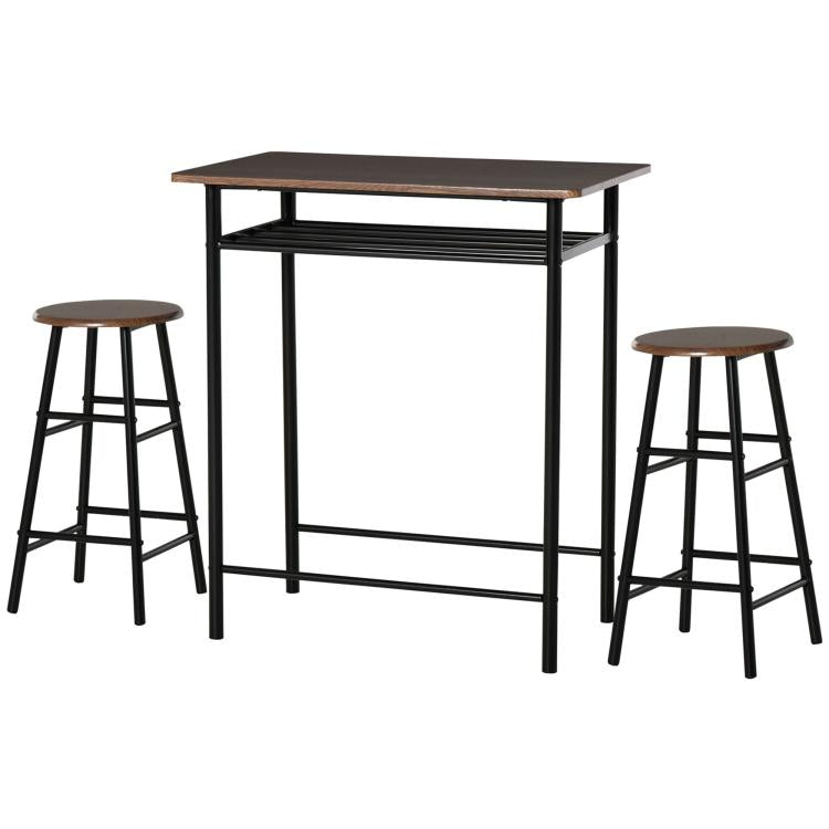 Bar Table Set, Bar Table and Stools Set, Footrest and Storage Shelf, for Kitchen, Dining Room, Pub, Cafe, Black and Oak