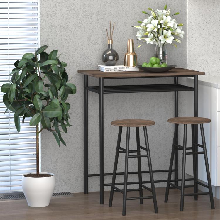 Bar Table Set, Bar Table and Stools Set, Footrest and Storage Shelf, for Kitchen, Dining Room, Pub, Cafe, Black and Oak