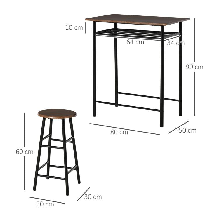 Bar Table Set, Bar Table and Stools Set, Footrest and Storage Shelf, for Kitchen, Dining Room, Pub, Cafe, Black and Oak
