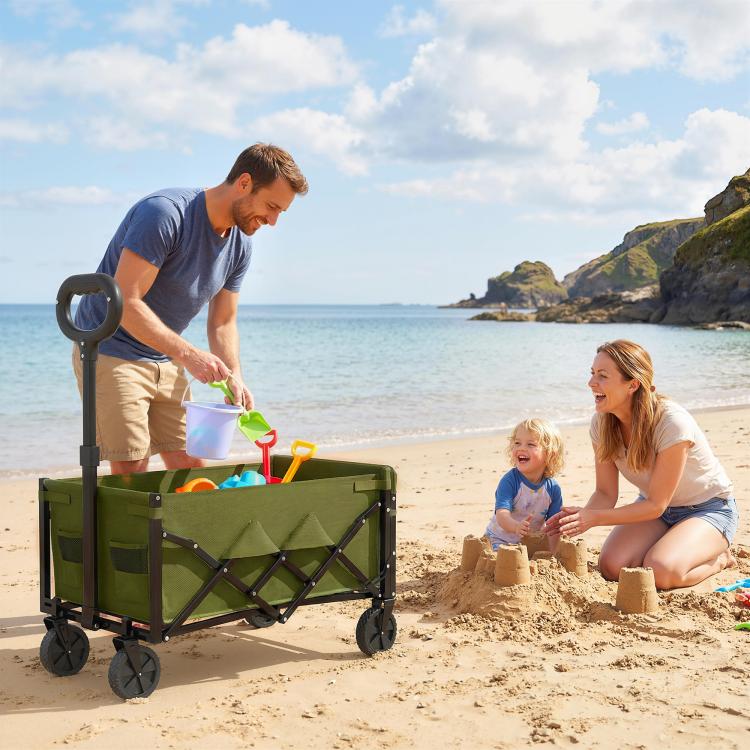 60L Foldable Festival Trolley on Wheels, Collapsible Wagon Cart with Drop-Down Tailgate, Adjustable Handle, Green