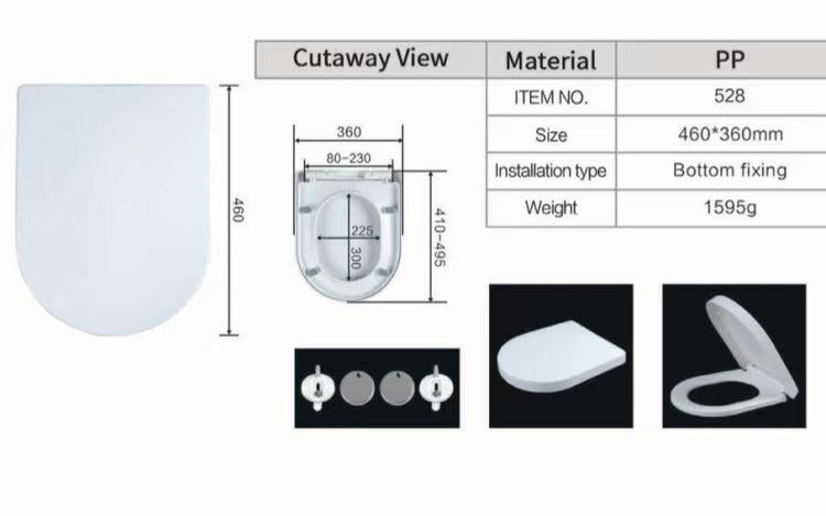 D Shape Toilet Seat in White Soft Close Quick Release Anti-Bac Top Bottom Hinges
