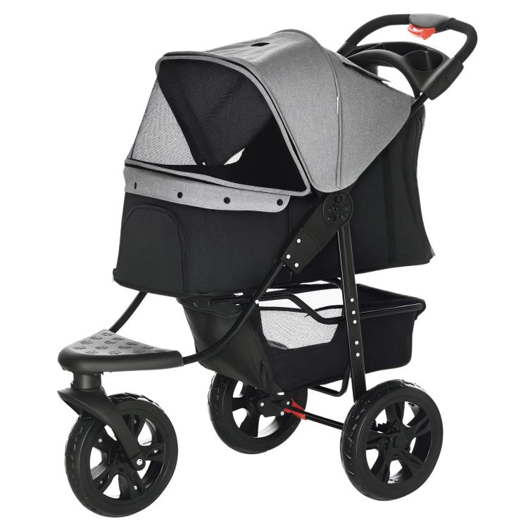 Dog Stroller Foldable Pet Pram, 3 Wheels Dog Pushchair with Brake, for Small Miniature Breeds, Cats, Grey