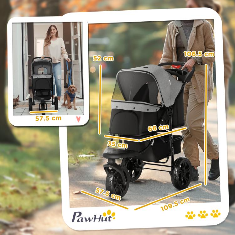 Dog Stroller Foldable Pet Pram, 3 Wheels Dog Pushchair with Brake, for Small Miniature Breeds, Cats, Grey