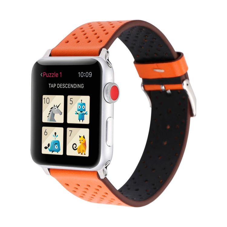 For Apple Watch Series 10 42mm / 9&8&7 41mm / SE 3&SE 2&6&SE&5&4 40mm / 3&2&1 38mm Simple Fashion Genuine Leather Hole Pattern Watch Band, 38mm