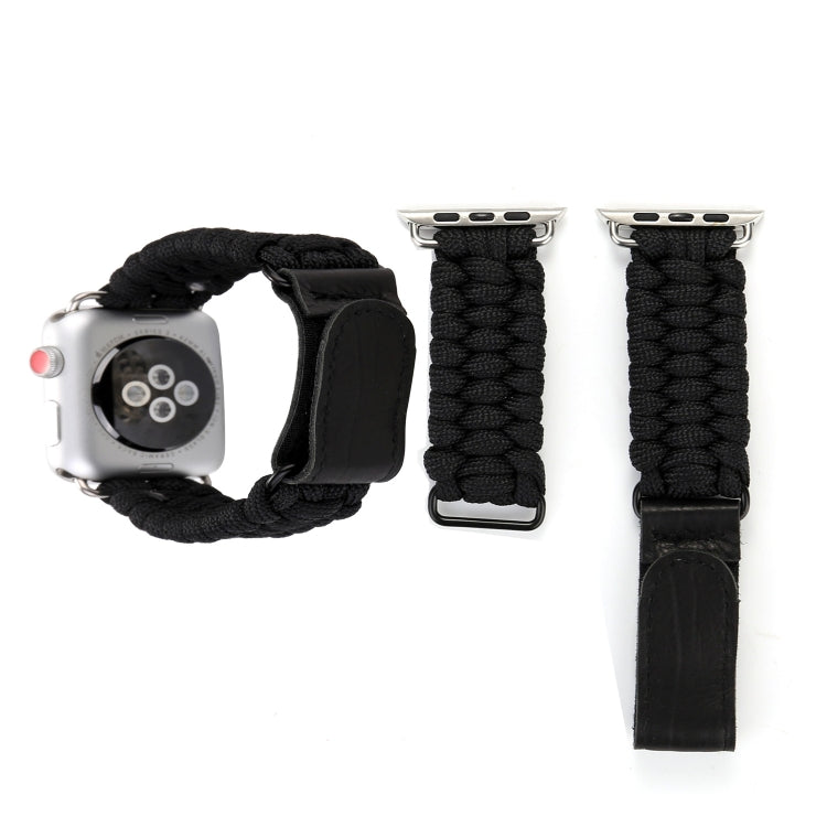 Magic Paste Genuine Leather Umbrella Rope Nylon Wrist Watch Band with Stainless Steel Buckle for Apple Watch Ultra 49mm&Watch Ultra 2 49mm / Series 10 46mm / 9&8&7 45mm / SE 3&SE 2&6&SE&5&4 44mm / 3&2&1 42mm