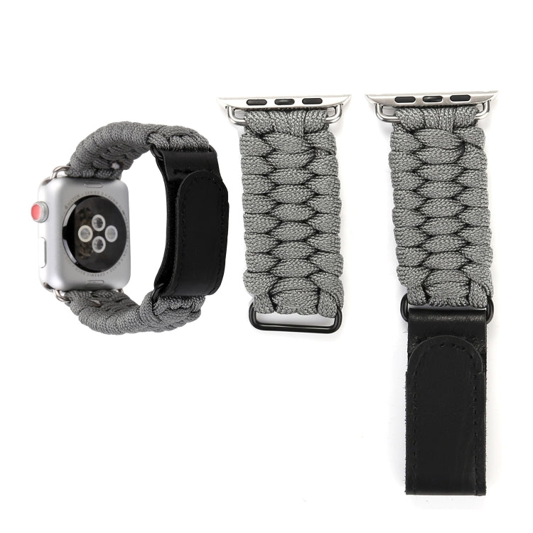 Magic Paste Genuine Leather Umbrella Rope Nylon Wrist Watch Band with Stainless Steel Buckle for Apple Watch Ultra 49mm&Watch Ultra 2 49mm / Series 10 46mm / 9&8&7 45mm / SE 3&SE 2&6&SE&5&4 44mm / 3&2&1 42mm