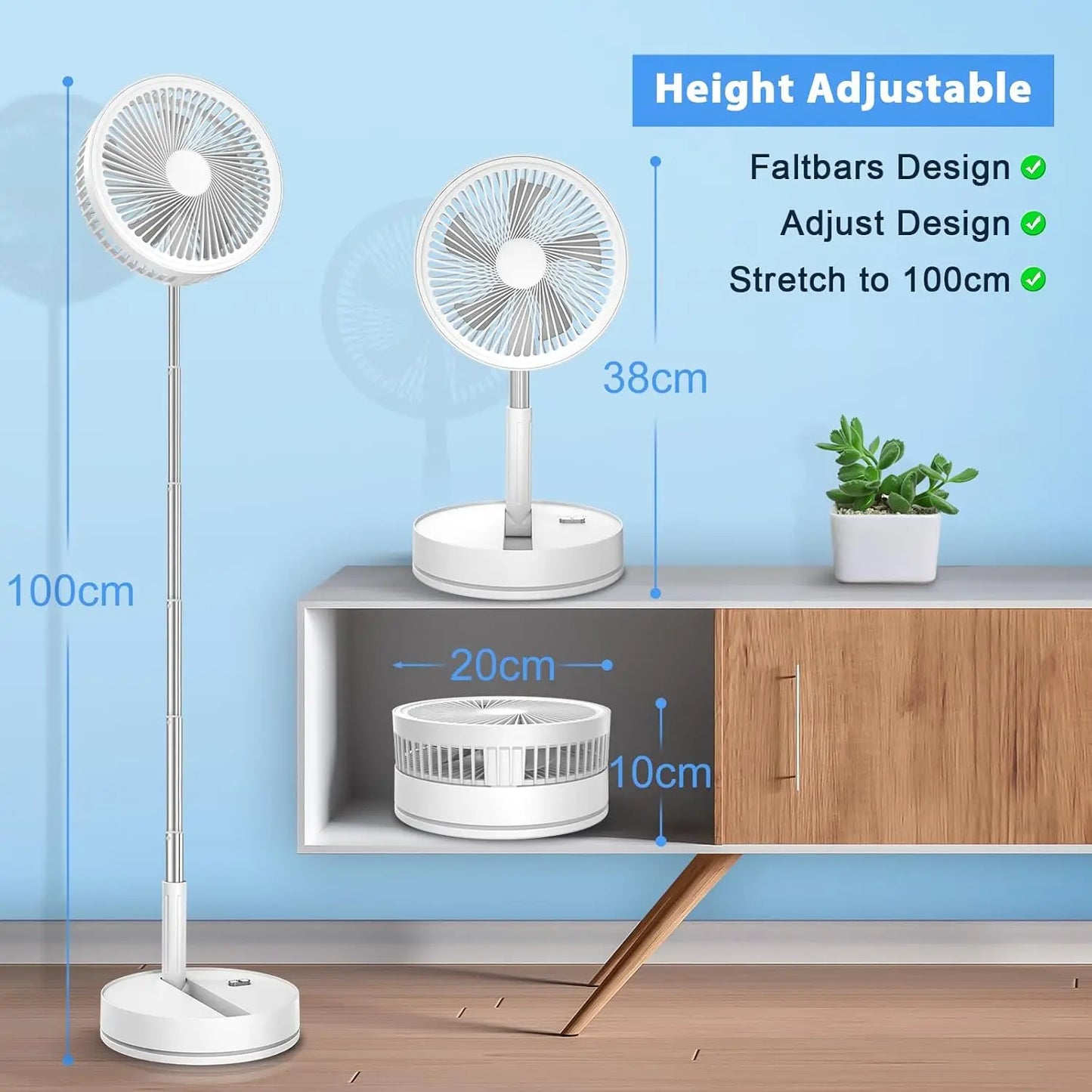 9" Foldable Rechargeable Fan Retractable Portable Mini Electric Fan with 7200mAh Battery & Remote Control for Home office
