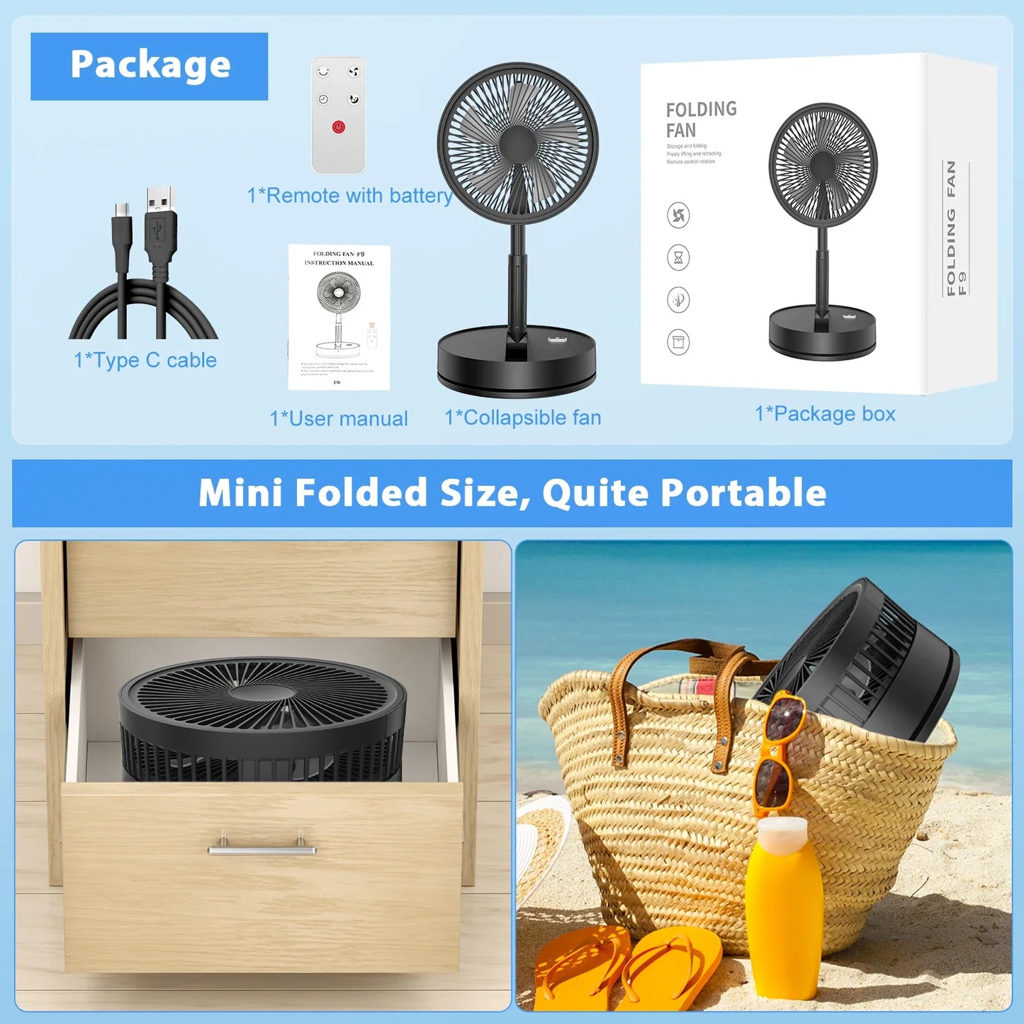 7200mAh USB Rechargeable Portable Folding Fan Floor Low Noise Fan with Remote Control For Indoor Home Office Outdoor Camping
