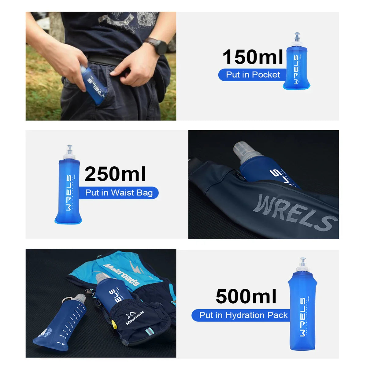 WRELS Soft Folding Water Bottle Collapsible Silicone Outdoor Sport Traveling Camp Hiking Cycling Running TPU Portable Water Bag
