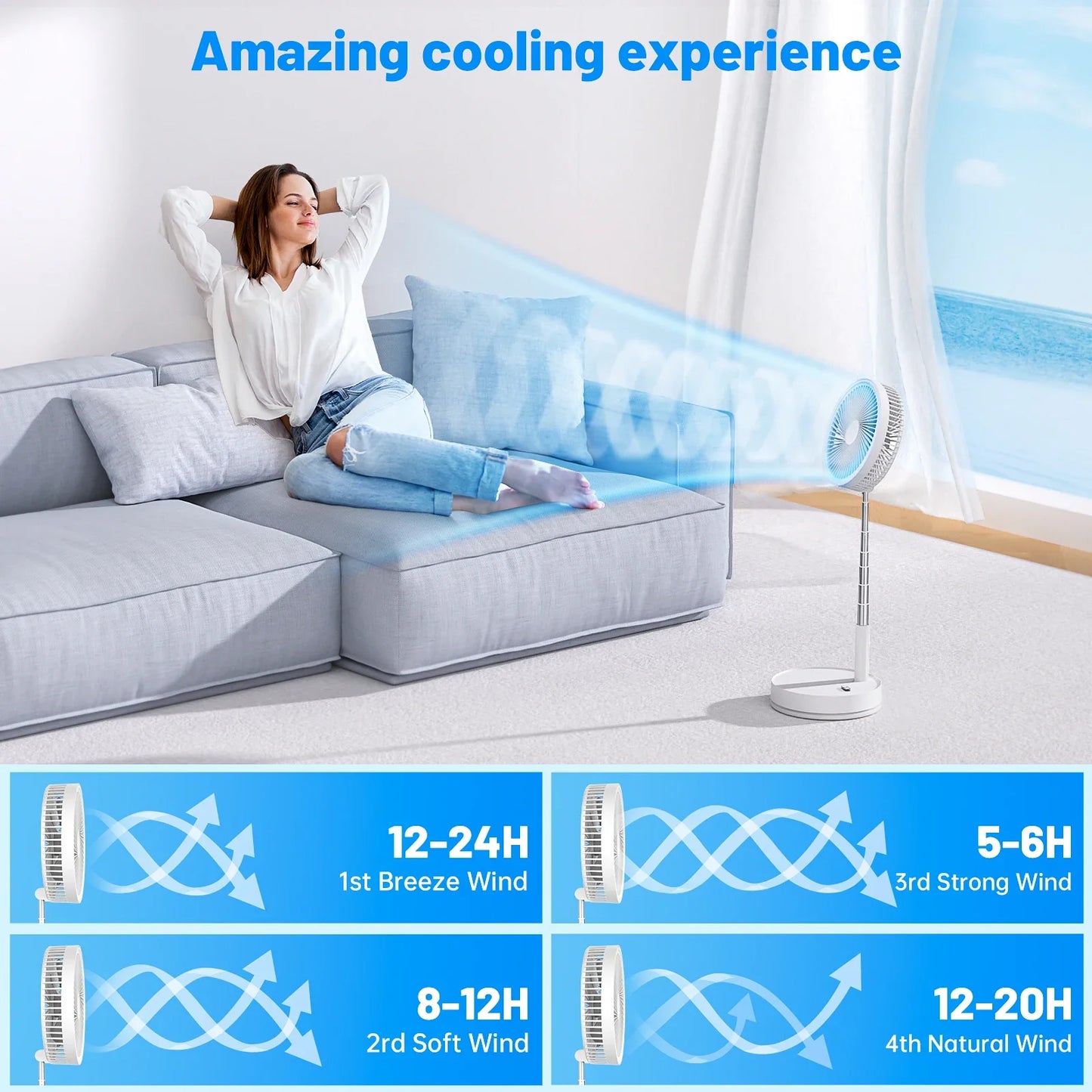 9" Foldable Rechargeable Fan Retractable Portable Mini Electric Fan with 7200mAh Battery & Remote Control for Home office