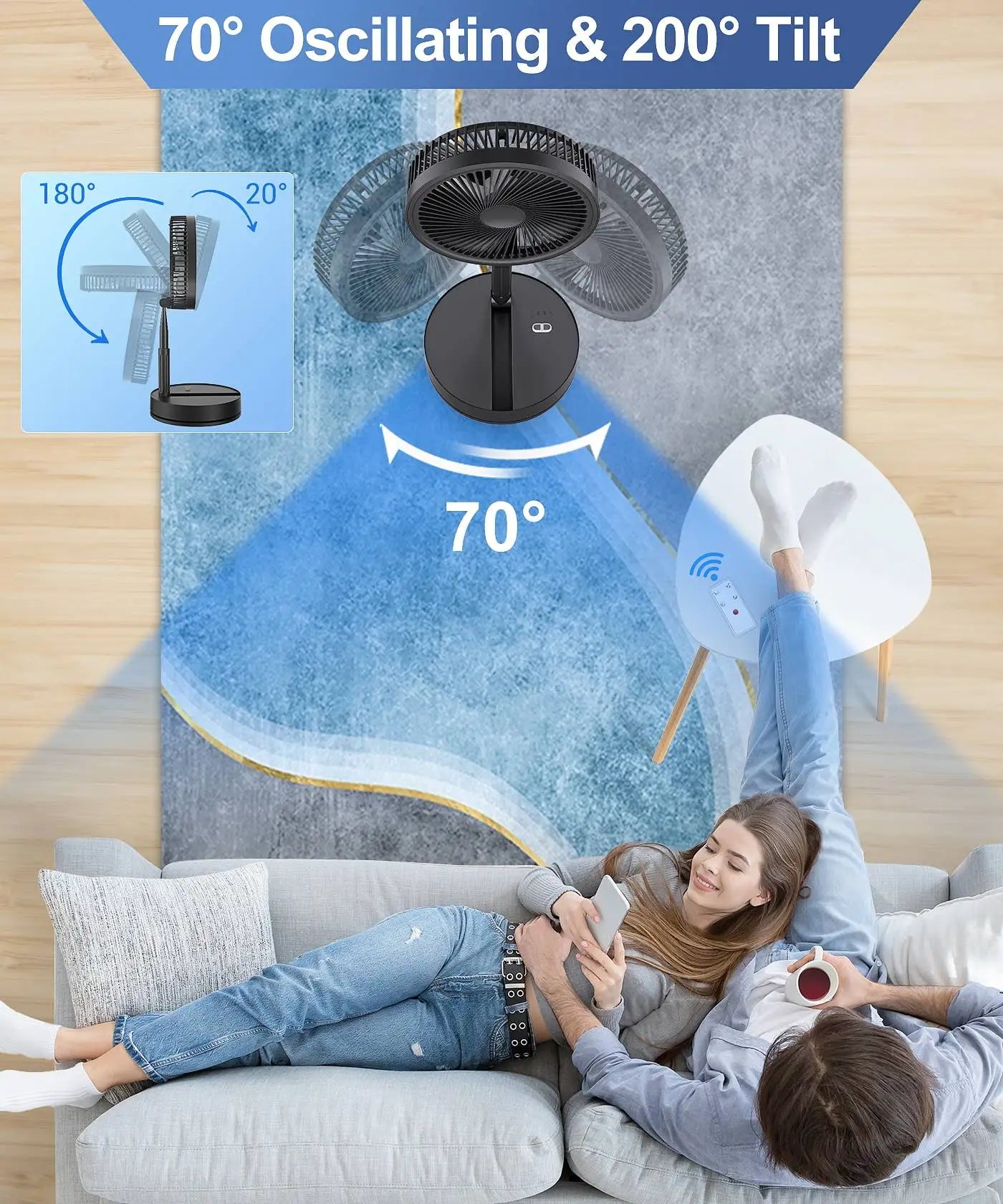 9" Mini Folding Portable Fan Air Cooler USB Rechargeable Wireless Floor Standing Fan Remote Control for Camping  Desk Home