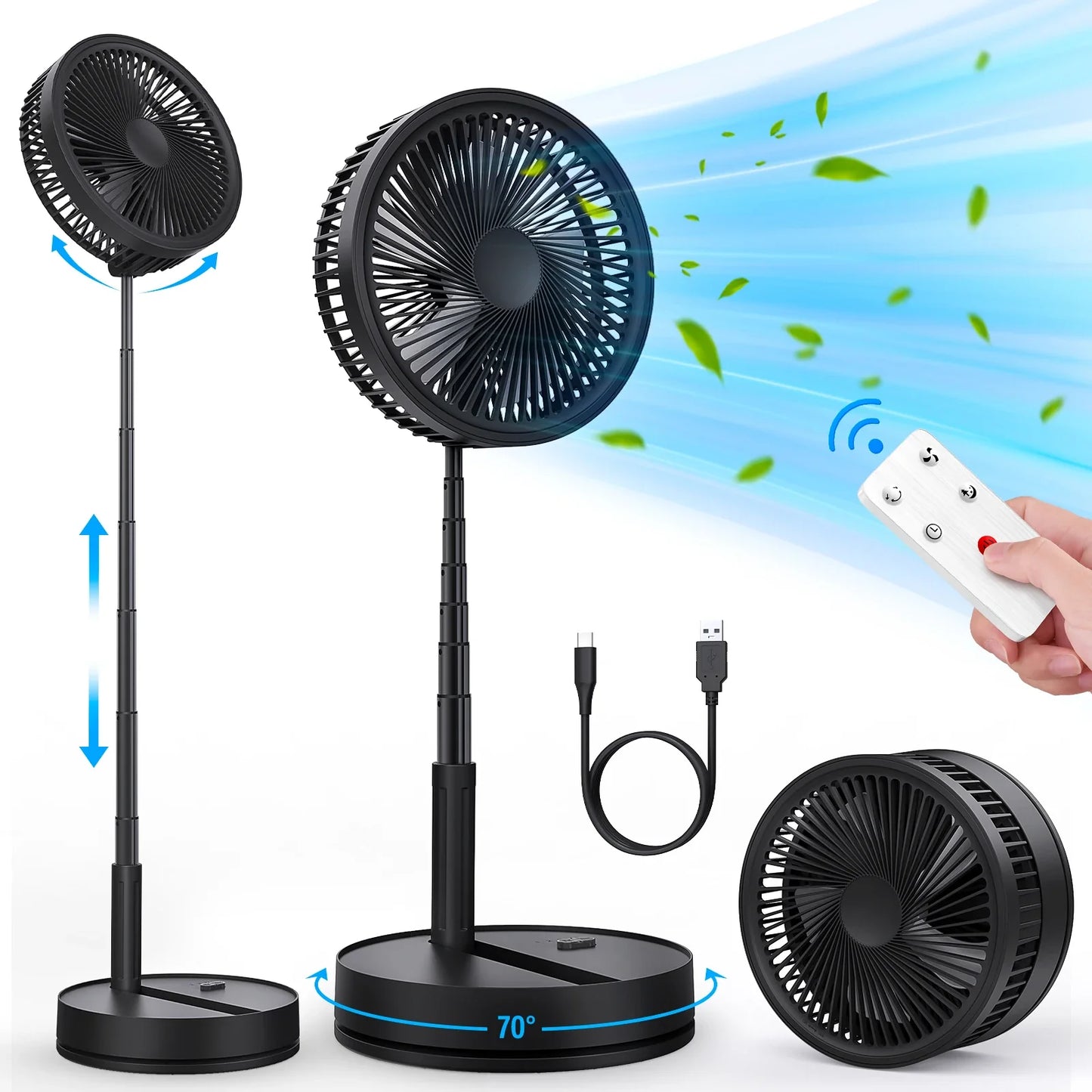 7200mAh USB Rechargeable Portable Folding Fan Floor Low Noise Fan with Remote Control For Indoor Home Office Outdoor Camping