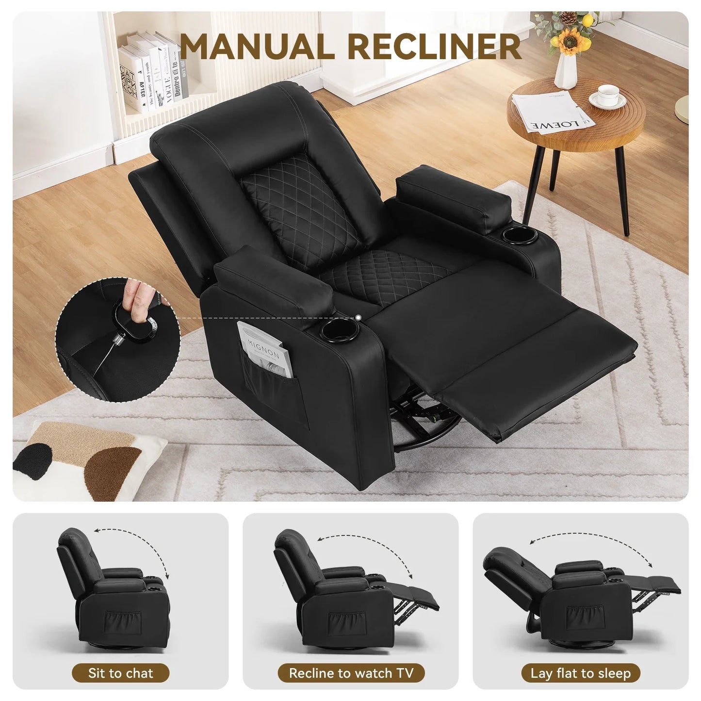 COMHOMA Recliner Armchair Rocker Reclining Chair with Massage & Heat Padded Seat Extended Footrest Oversized Swivel Lounge Sofa