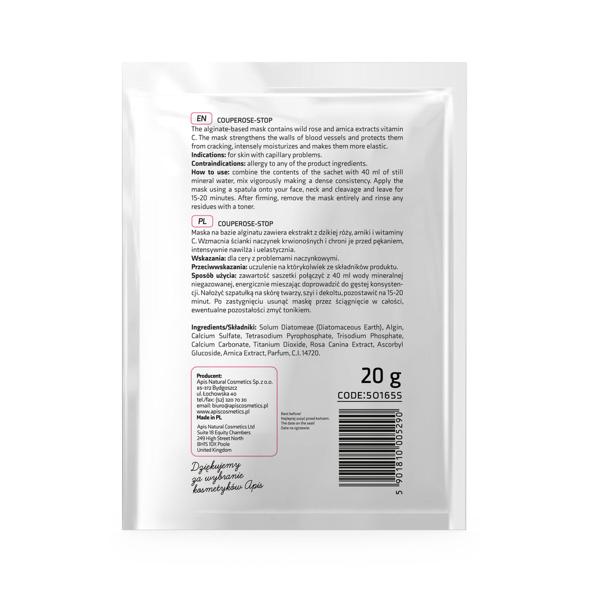 Apis Couperose‑Stop Algae Mask with Wild Rose & Vitamin C | 20 g