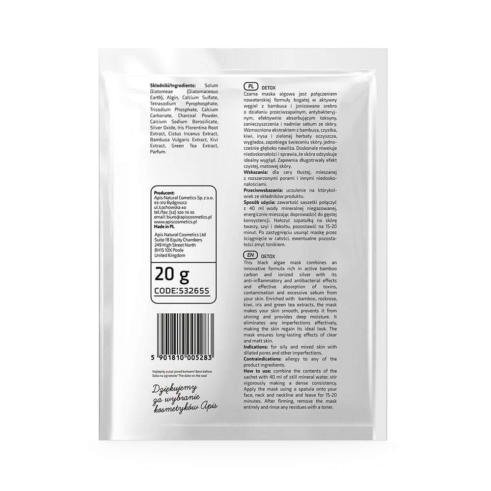 Apis Detox Algae Mask | Bamboo Charcoal & Ionised Silver | 20 g
