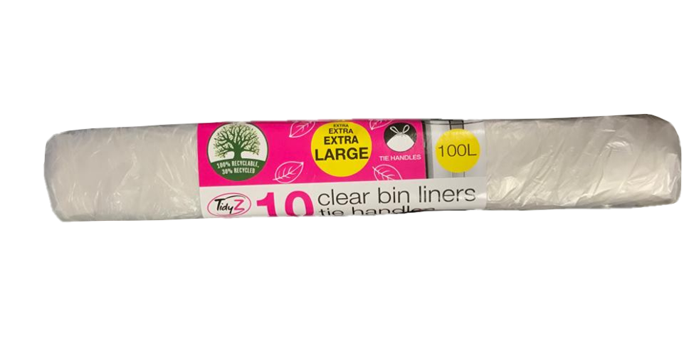 100L Extra Clear Pedal Bin Liners Pack of 10 with Tie Handles