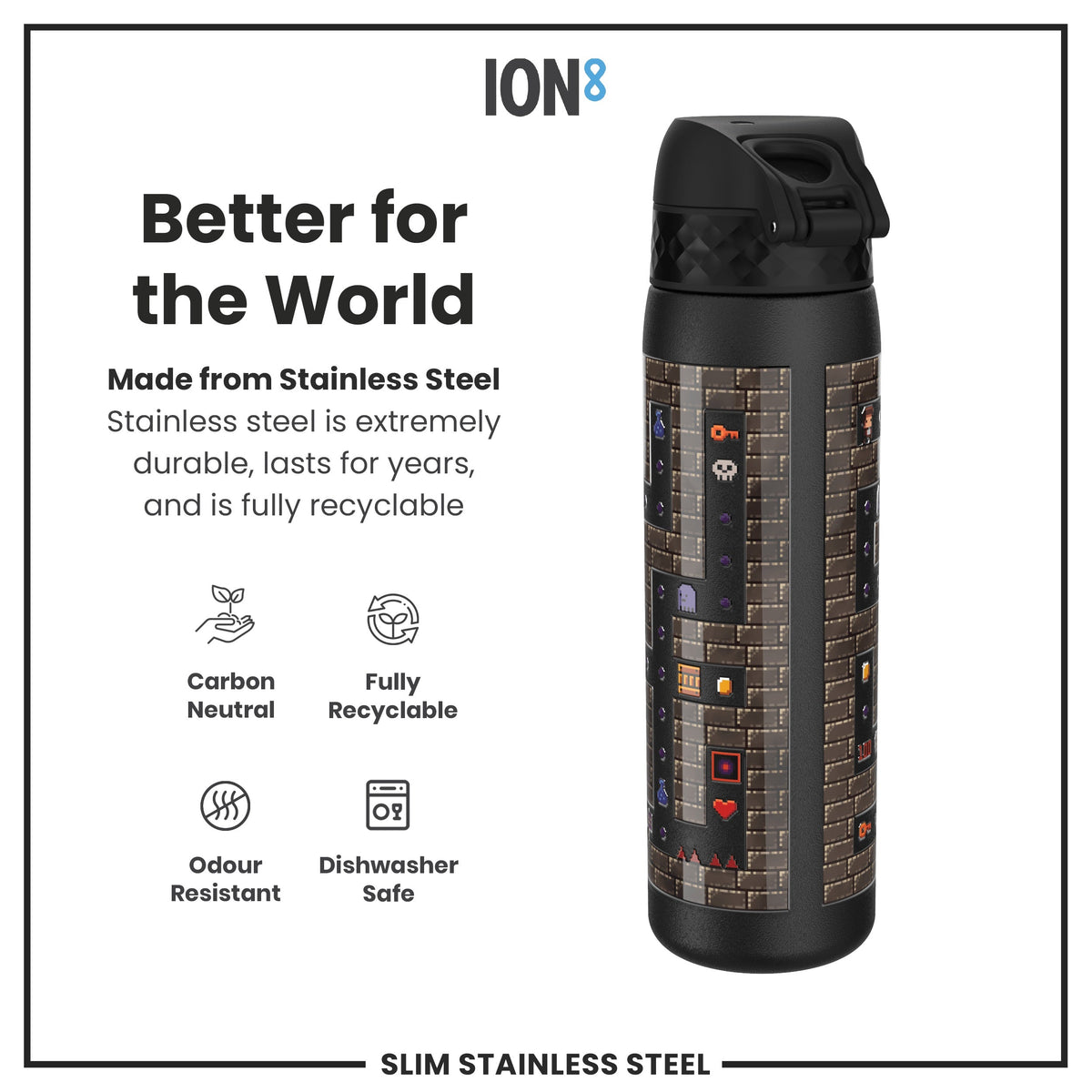 Leak Proof Slim Water Bottle, Stainless Steel, Gamer, 600ml (20oz)