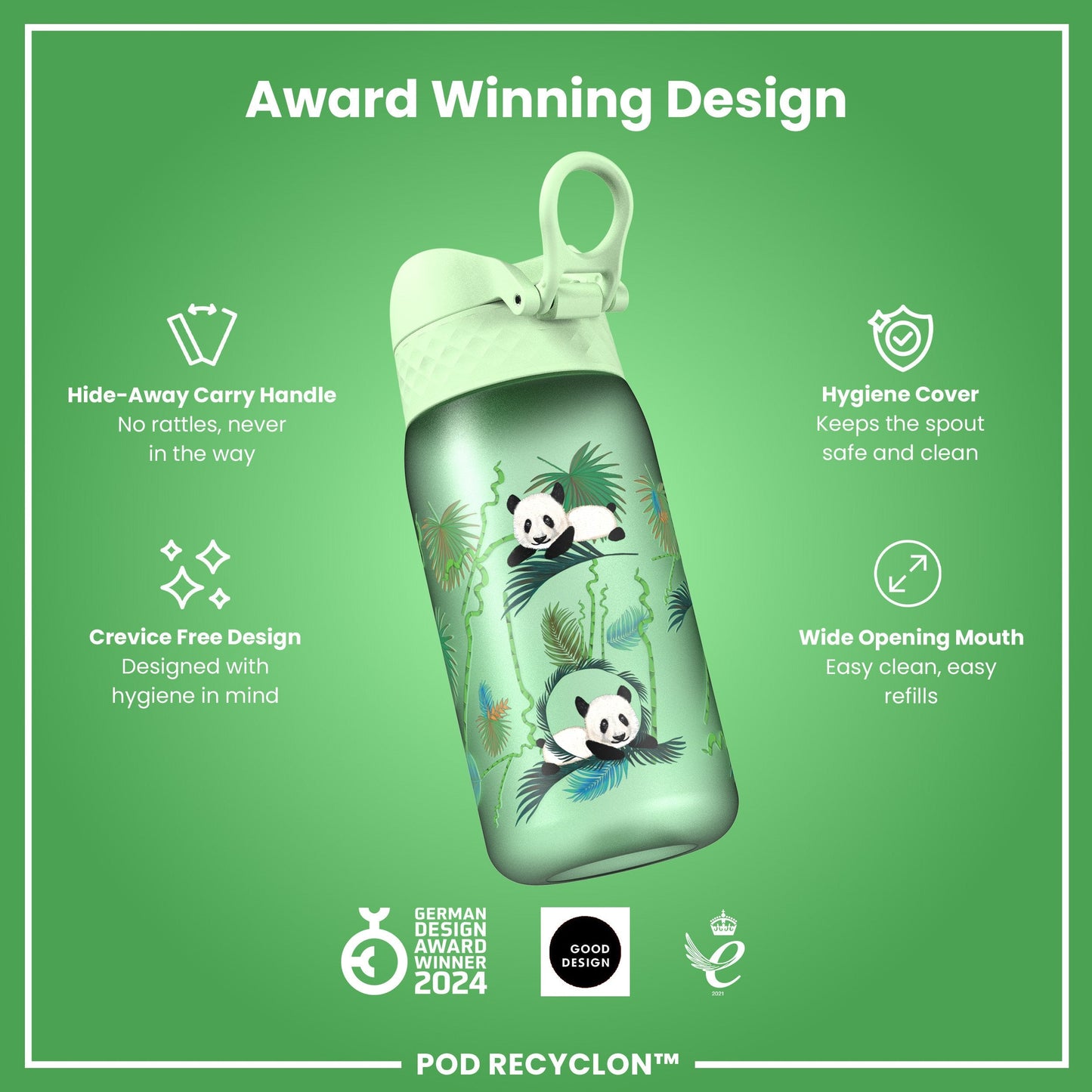 Leak Proof Kids' Water Bottle, Recyclon, Pandas, 350ml (12oz)