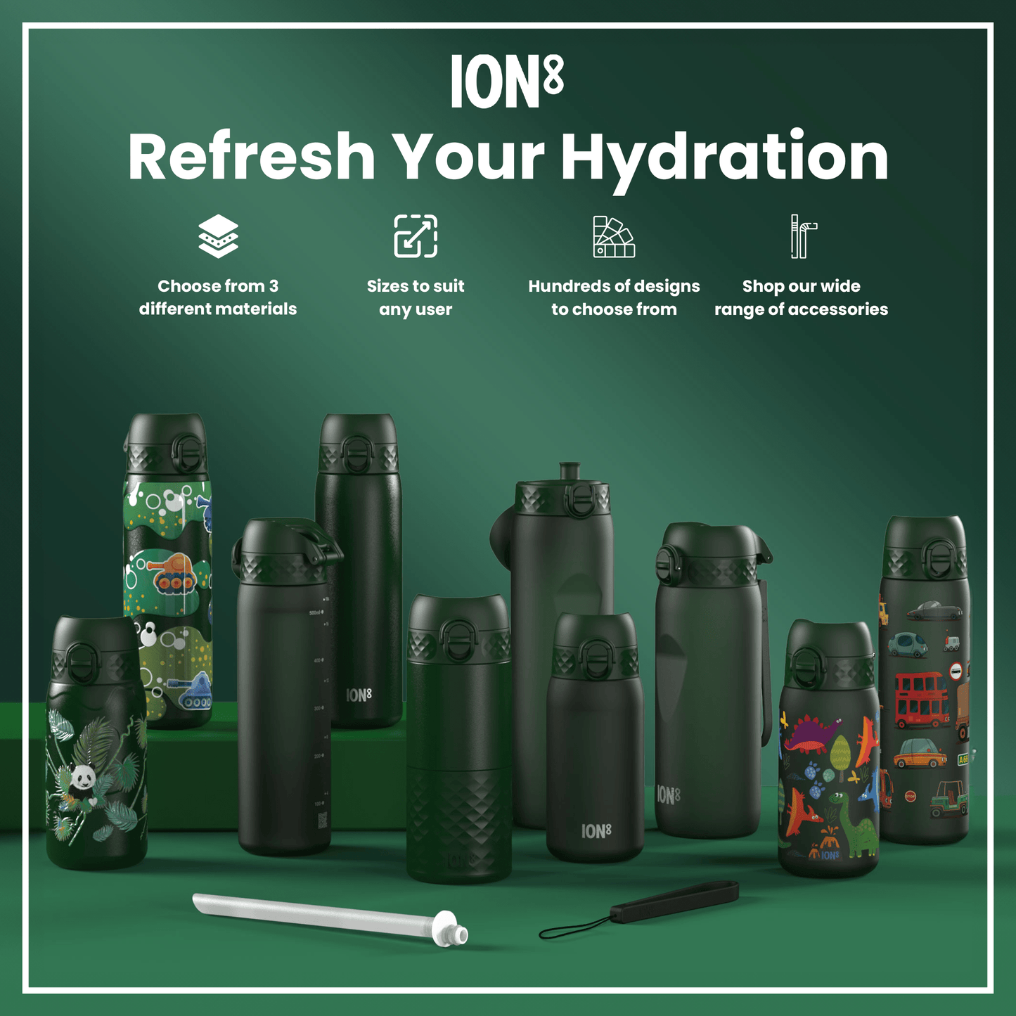 Leak Proof Slim Water Bottle, Stainless Steel, Dark Green, 600ml (20oz)