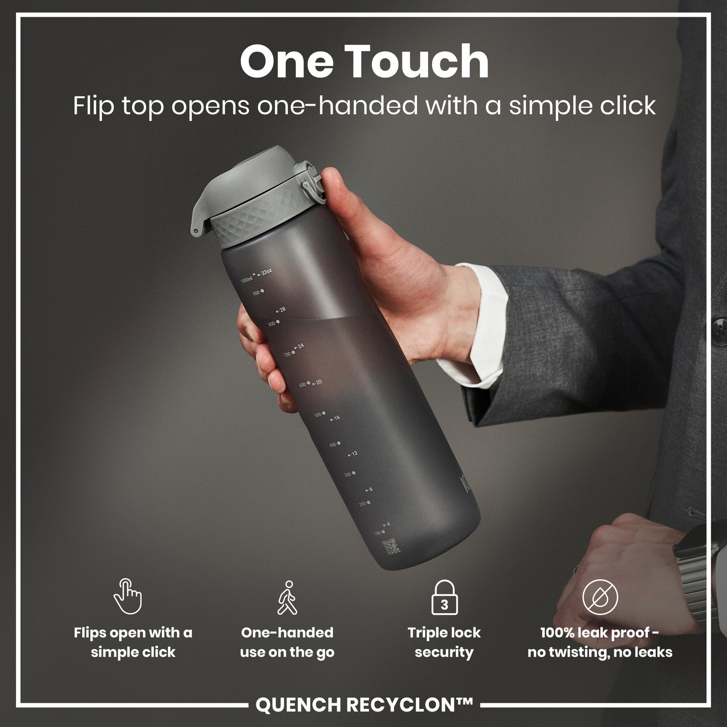 Leak Proof 1 litre Water Bottle, Recyclon, Grey, 1L