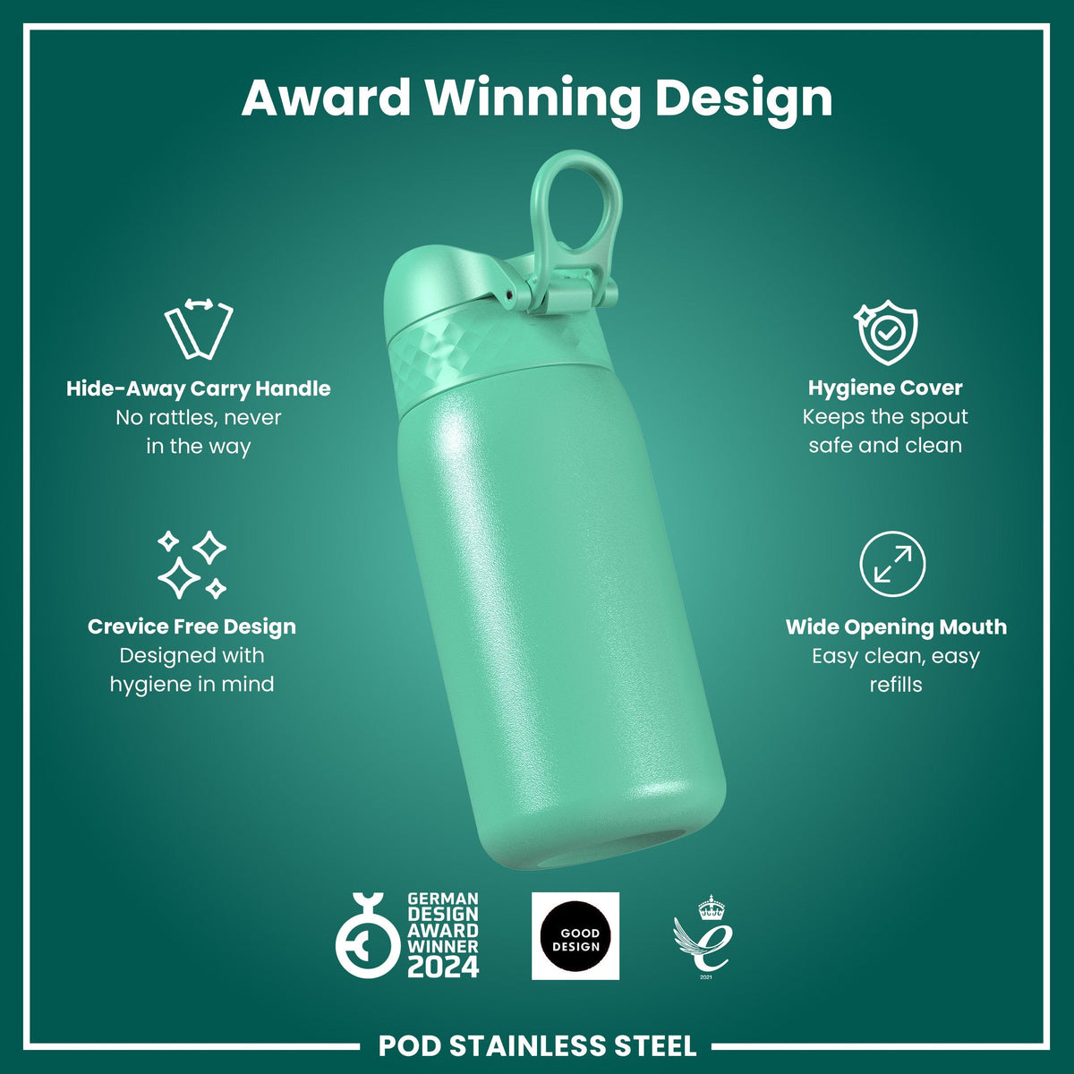 Leak Proof Kids Water Bottle, Stainless Steel, Teal, 400ml (13oz)