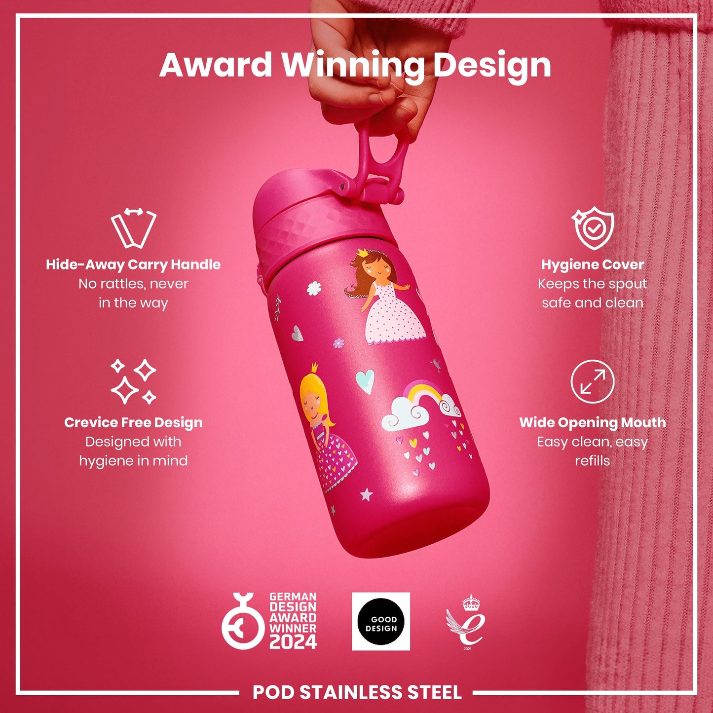 Leak Proof Kids Water Bottle, Stainless Steel, Princess, 400ml (13oz)