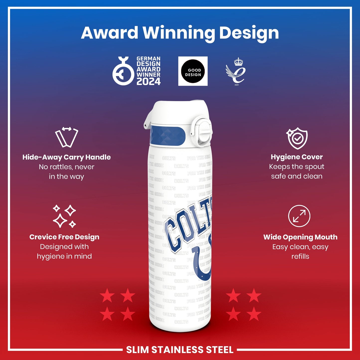 Leak Proof NFL Water Bottle, Stainless Steel, Indianapolis Colts, 600ml (20oz)