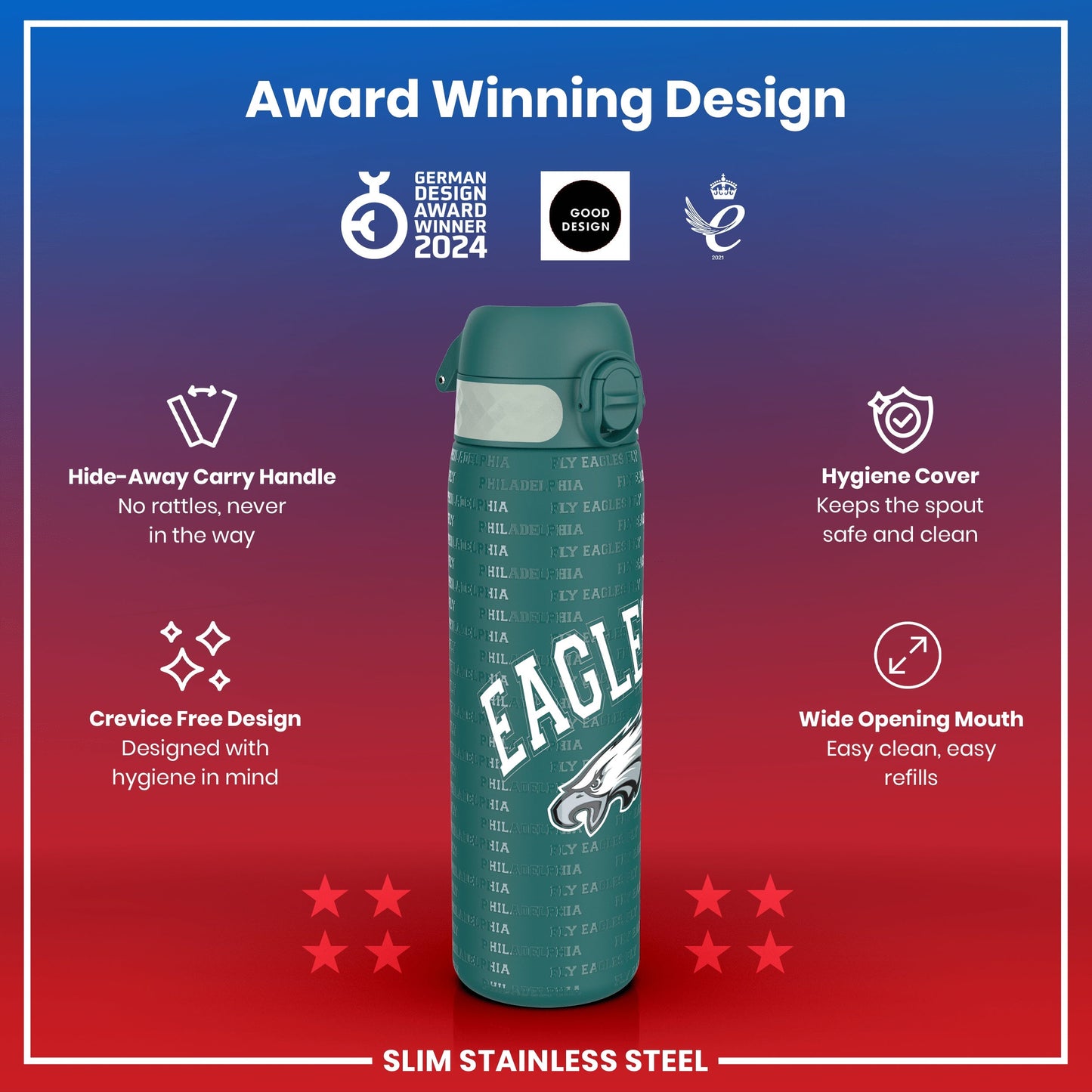 Leak Proof NFL Water Bottle, Stainless Steel, Philadelphia Eagles, 600ml (20oz)