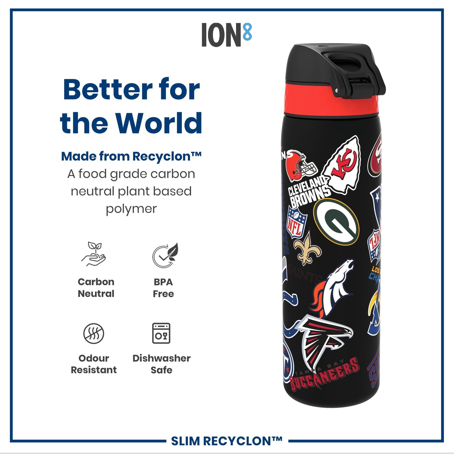 Leak Proof NFL Water Bottle, Recyclon, Patch Logos, 500ml (18oz)