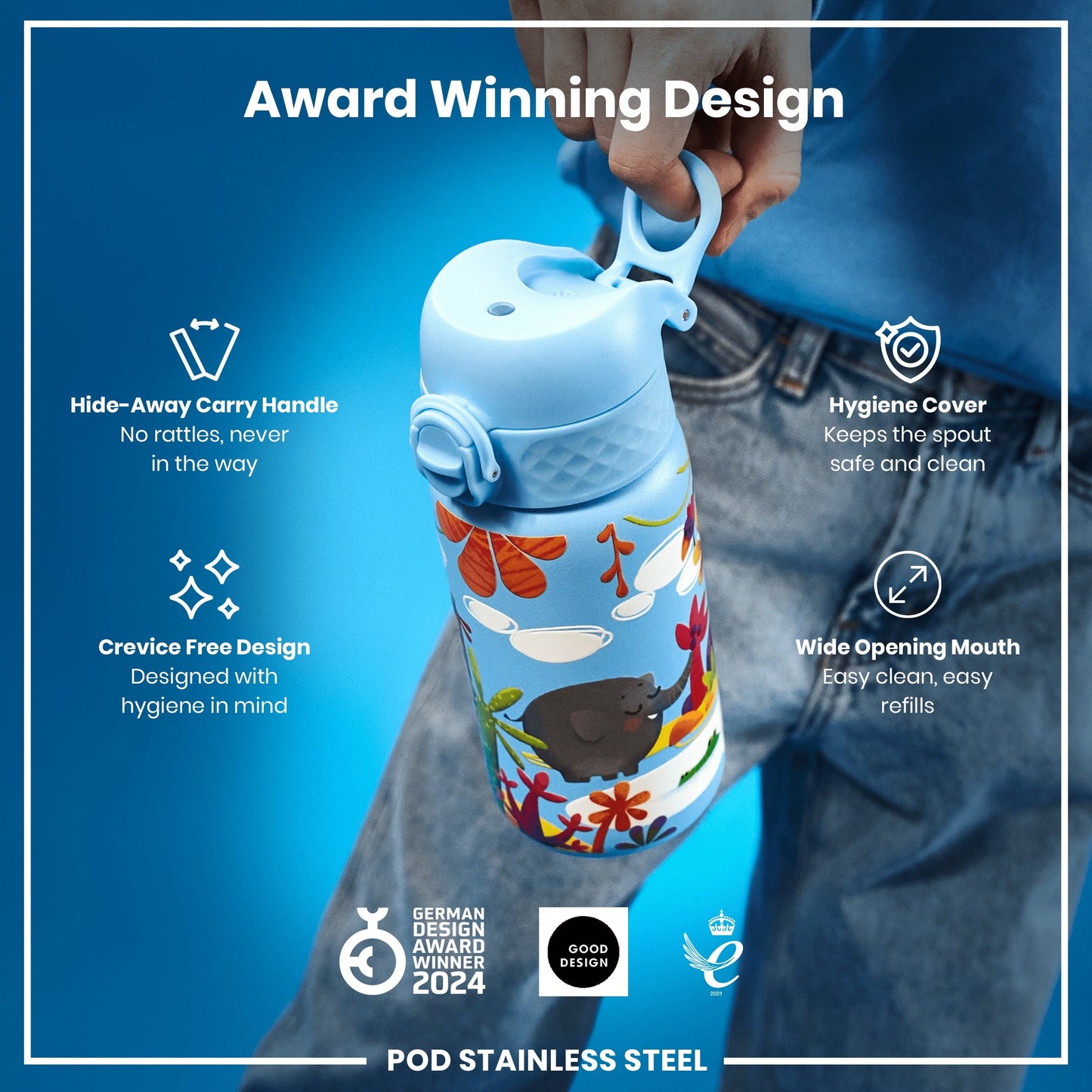 Leak Proof Kids Water Bottle, Stainless Steel, Safari, 400ml (13oz)