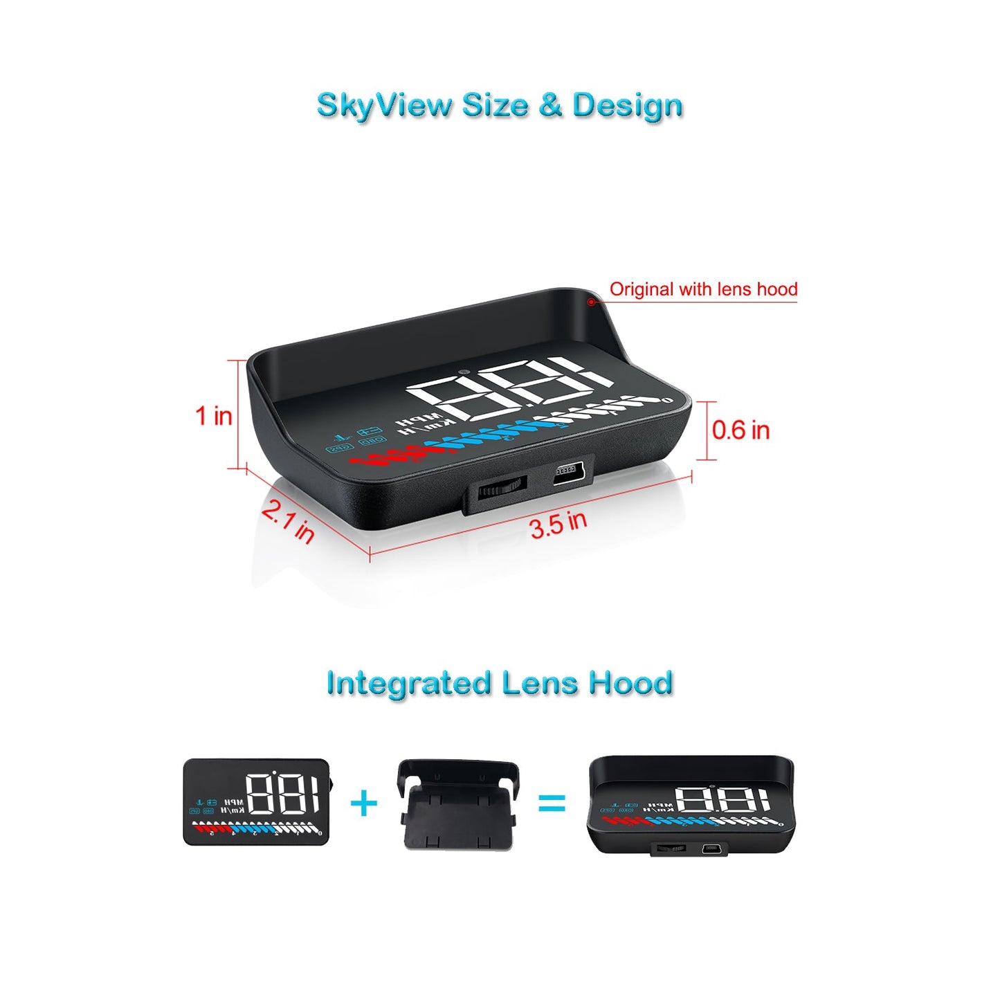 SkyView Head Up Windscreen Display Car with OBD2 & GPS, 3.5"/8.9cm, HUD Speedometer, Tachometer