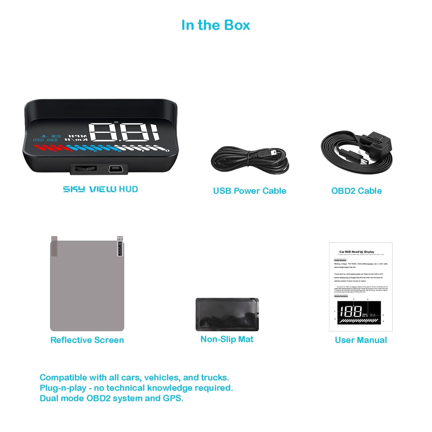 SkyView Head Up Windscreen Display Car with OBD2 & GPS, 3.5"/8.9cm, HUD Speedometer, Tachometer
