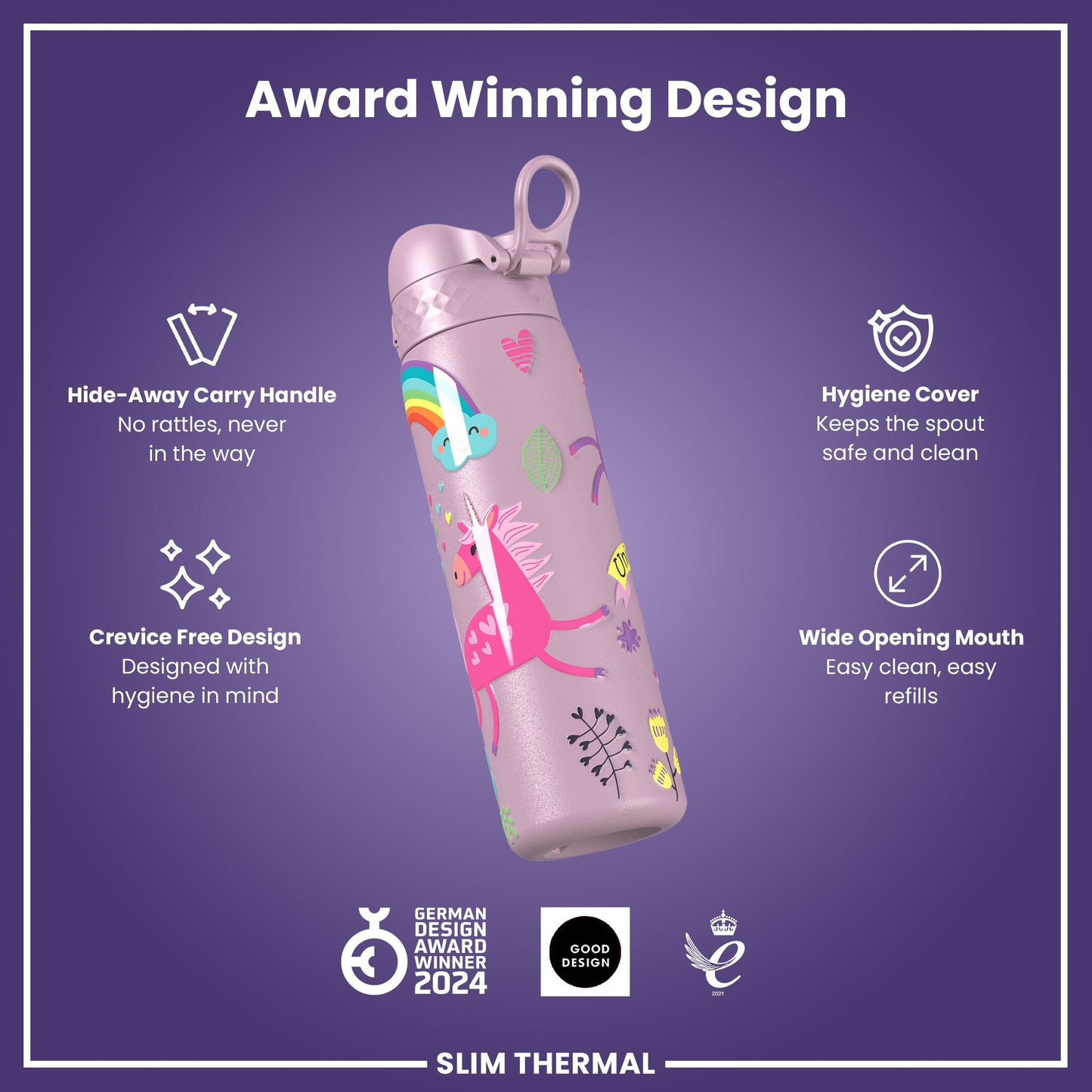 Leak Proof Slim Thermal Steel Water Bottle, Insulated, Unicorns, 500ml (17oz)