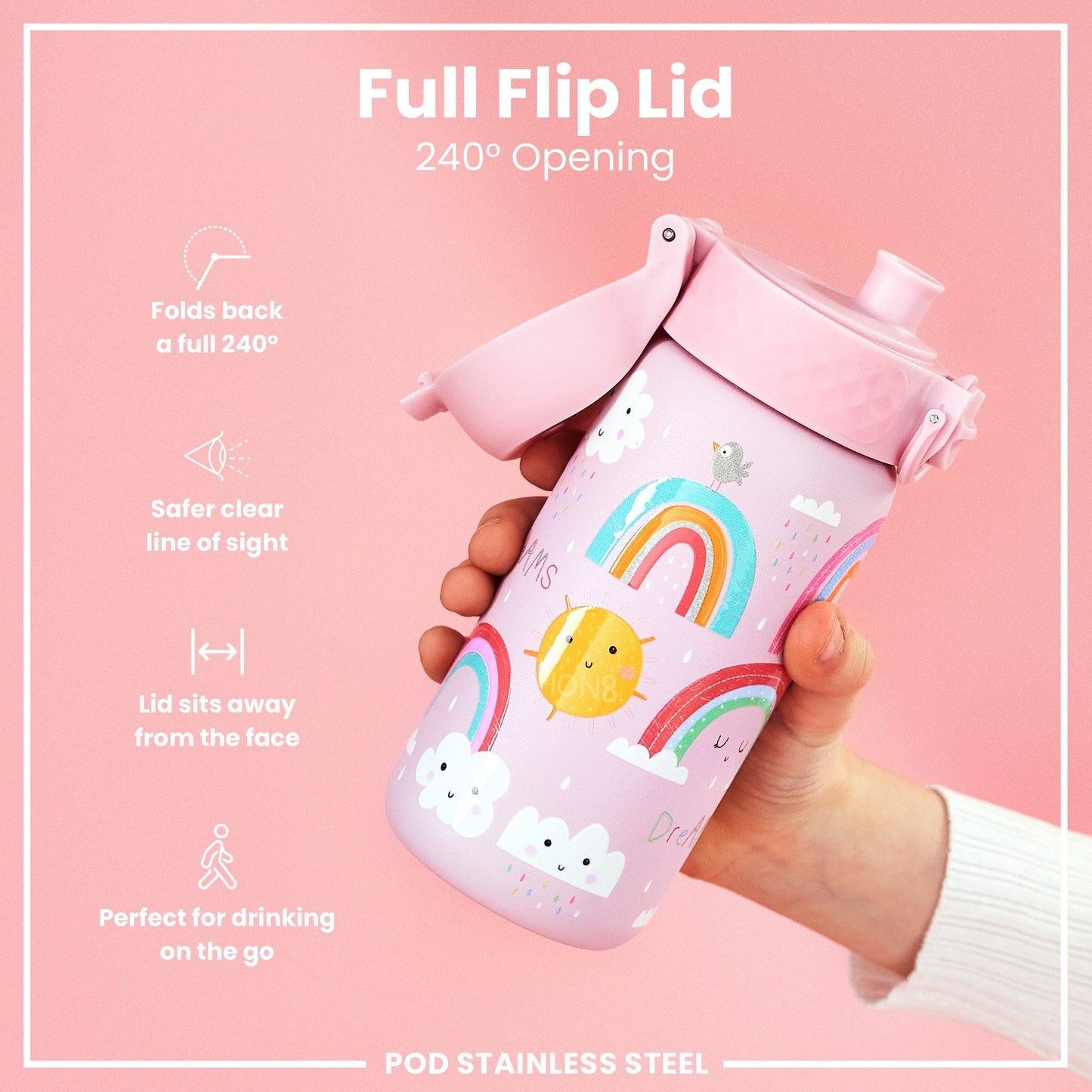 Leak Proof Kids Water Bottle, Stainless Steel, Rainbows, 400ml (13oz)
