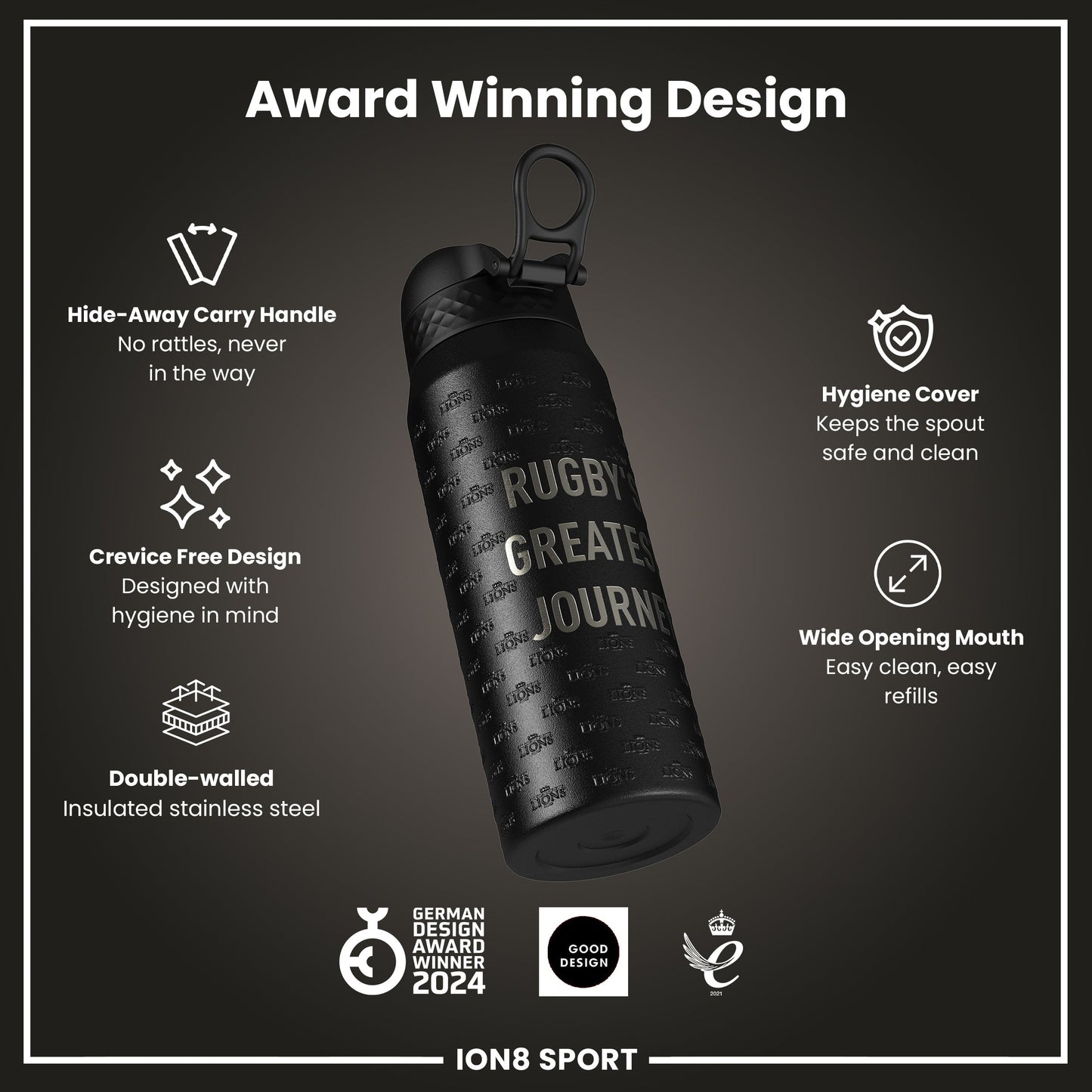 Lions X ION8 Insulated Steel Water Bottle, British & Irish Lions, Rugbys Greatest Journey, 750ml (24oz)