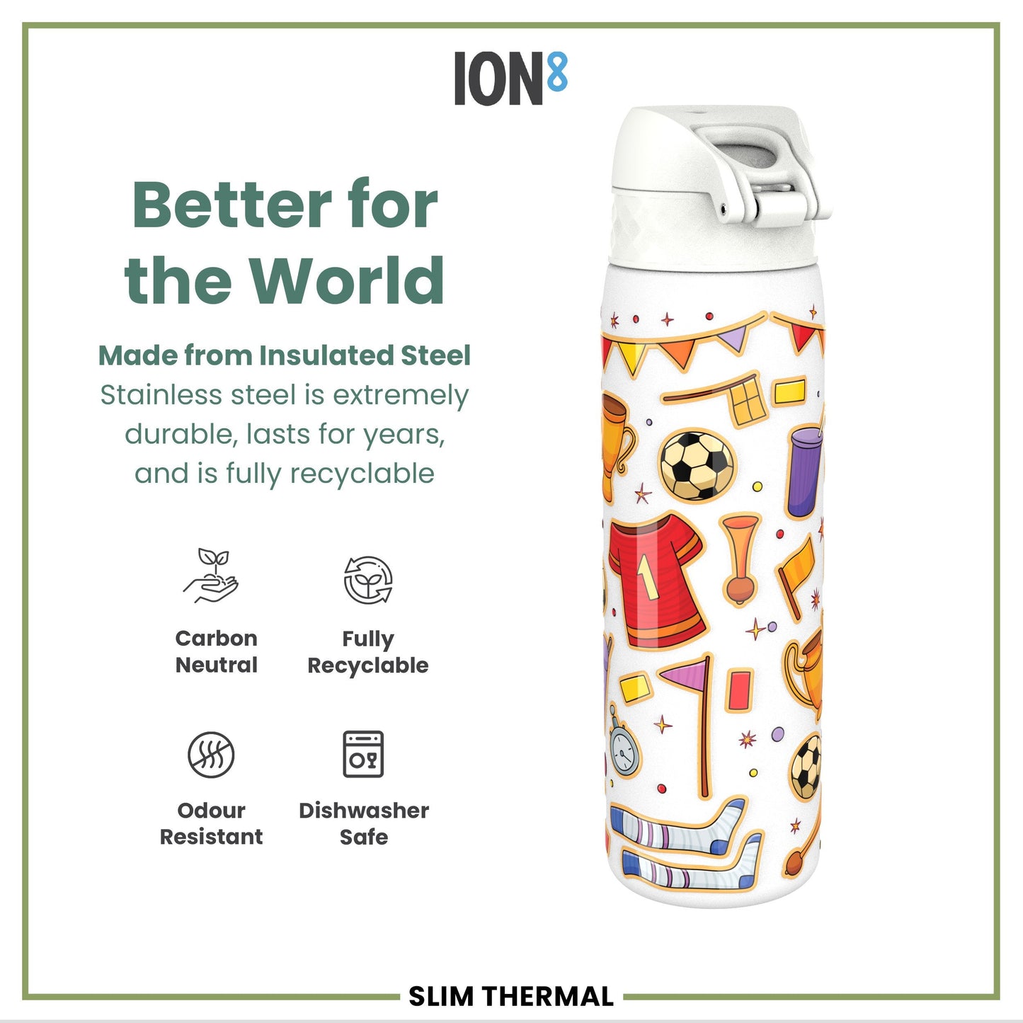 Leak Proof Slim Thermal Steel Water Bottle, Insulated, Football, 500ml (17oz)
