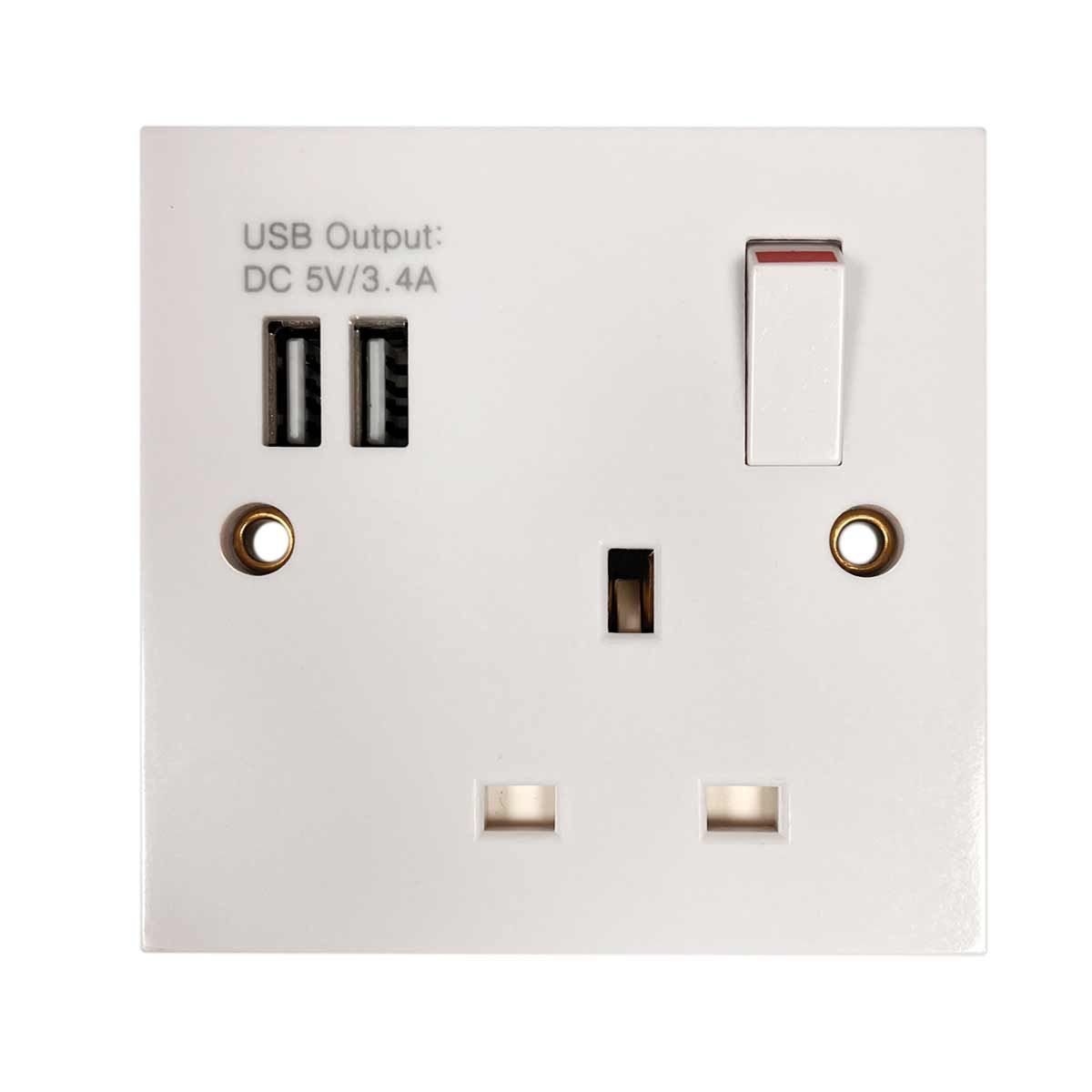 Square Edged Single Socket in White (Switched / 2 USB Charger Ports)