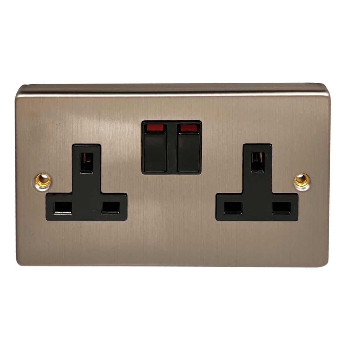 Round Edge Double Socket Brushed Steel (2 Switches, 13A, Double Pole)