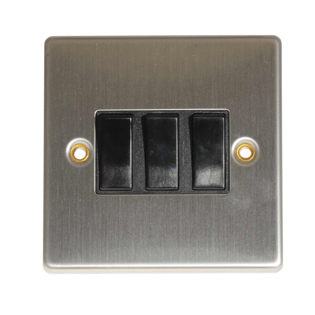 Round Edge 3-Gang Switch in Brushed Steel and Black (2 Way / 10A)