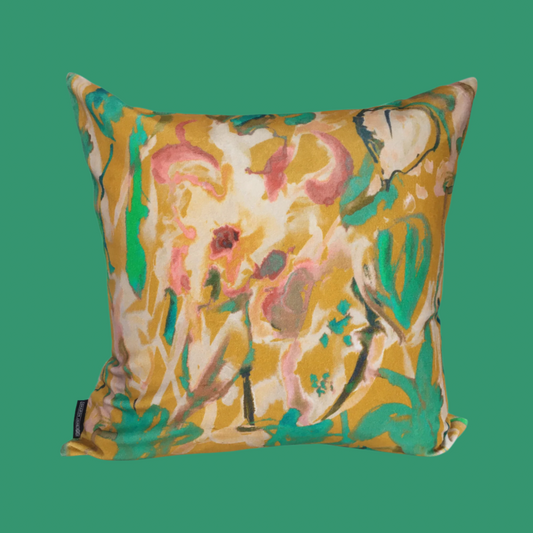 Watercolour Floral Velvet Cushion - Yellow