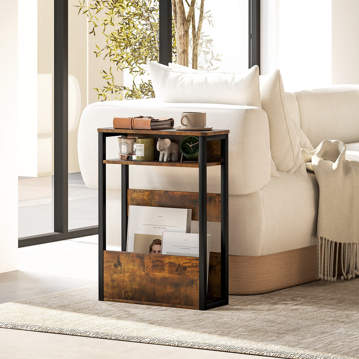 HOMCOM Narrow Side Table with Storage, Bedside End Table, Rustic Brown
