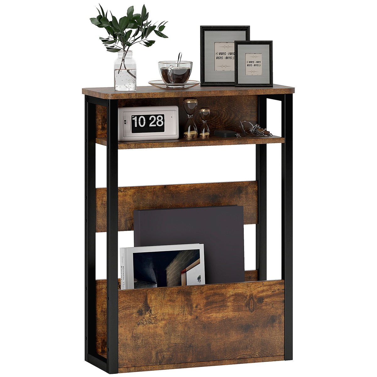 HOMCOM Narrow Side Table with Storage, Bedside End Table, Rustic Brown