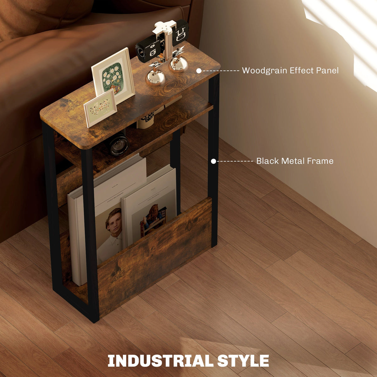 HOMCOM Narrow Side Table with Storage, Bedside End Table, Rustic Brown