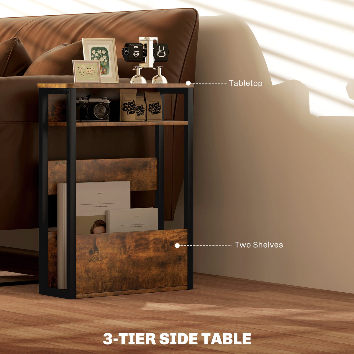 HOMCOM Narrow Side Table with Storage, Bedside End Table, Rustic Brown