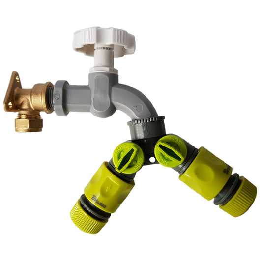 15mm Brass Wall Flange Kit with Grey Dial Tap + Splitter + Connectors