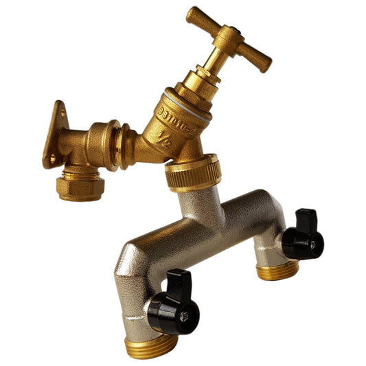 15mm Brass Wall Flange Kit with Brass Tap + 3/4" BSP Metal Splitter