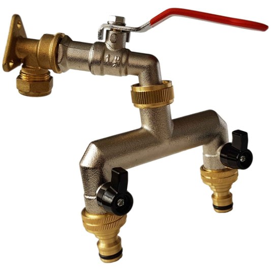 15mm Brass Wall Flange Kit with Lever Tap + Quick Connect Metal Splitter
