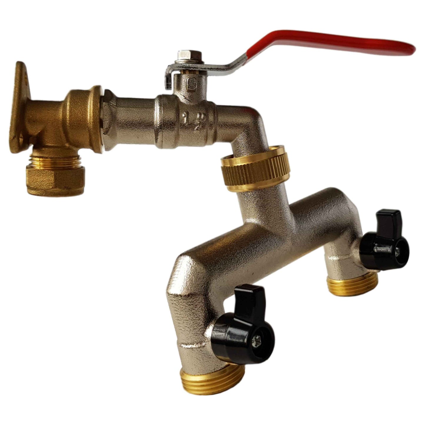 15mm Brass Wall Flange Kit with Lever Tap + 3/4" BSP Metal Splitter