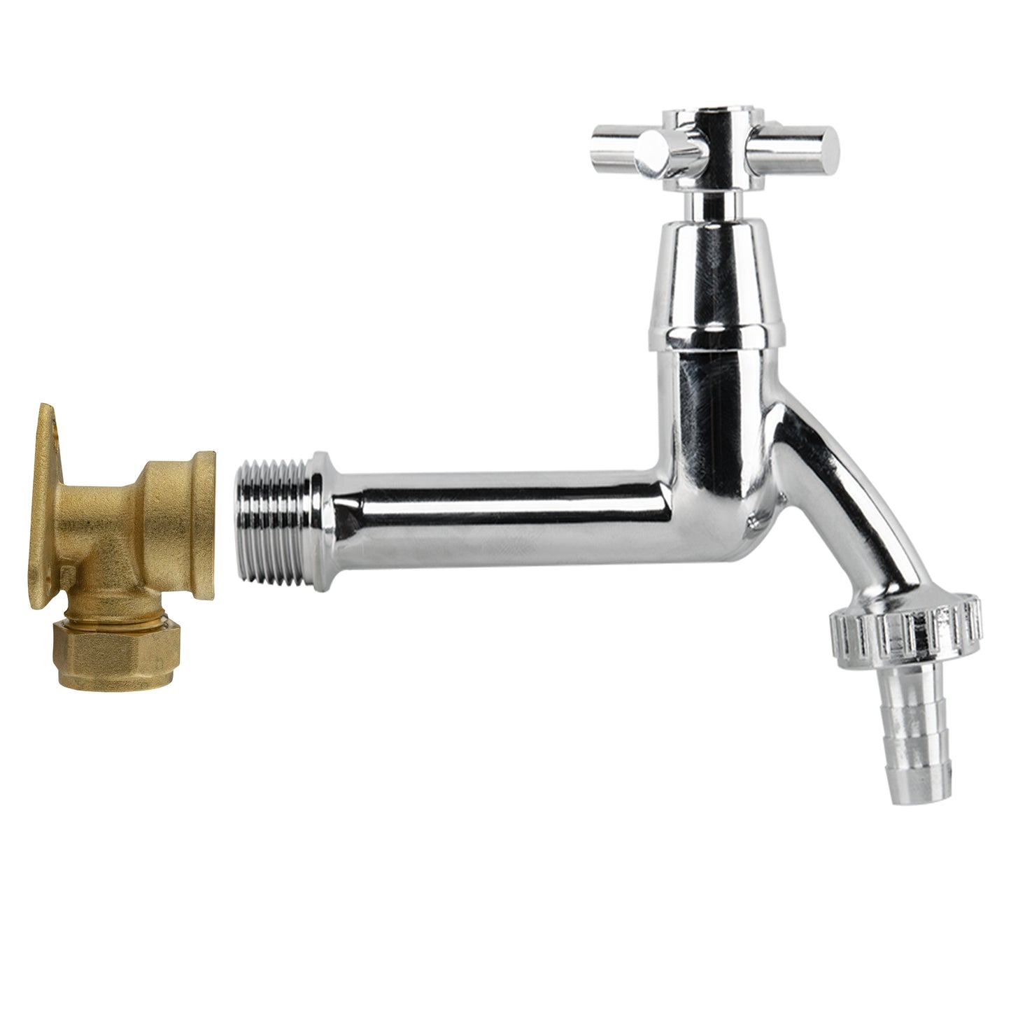 15mm Brass Wall Flange Kit with Extended Brass Chrome Tap 1/2" Barb